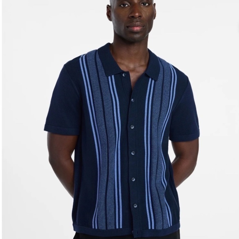 George Mens Knit Button Front Sweater Polo Shirt Navy Blue Striped‎ Small NWT